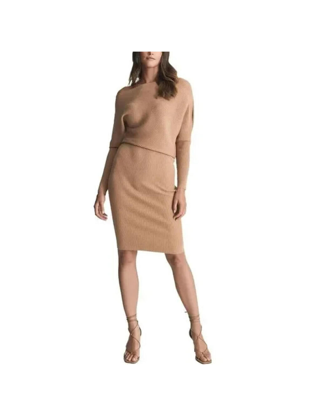 Reiss Lara Draped Knit Bodycon Midi Dress Camel Size M